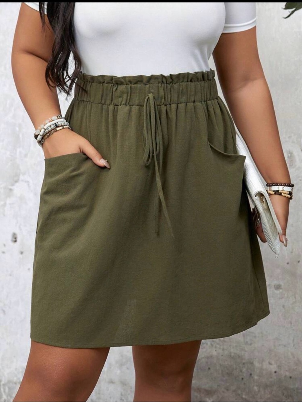 SHEIN LUNE Olive Green Paperbag Waist Cotton Mini Skirt w/ Pockets 12